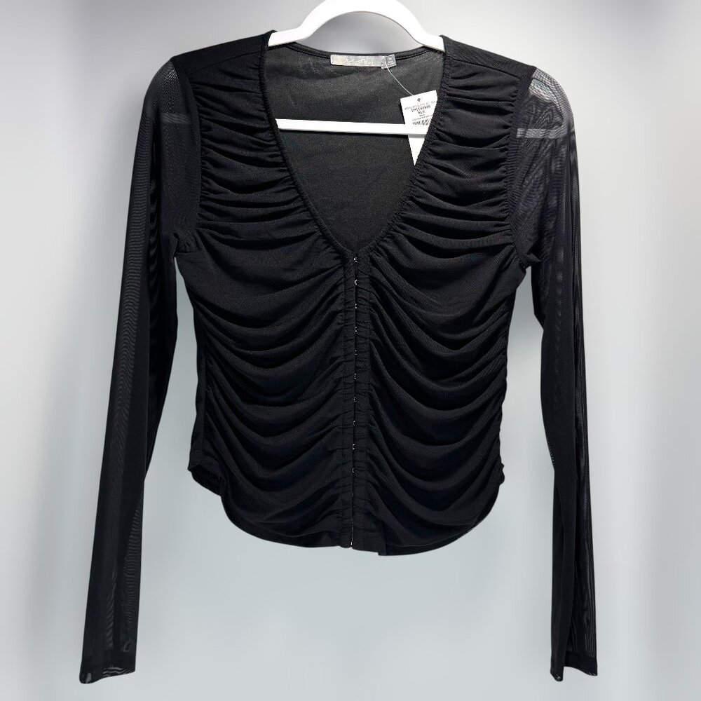 Red by BKE Black Mesh Long Sleeve Ruched V-Neck Top Women’s Medium NWT